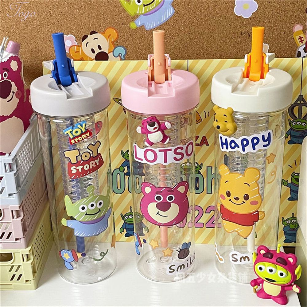 700ml Cartoon Water Cup Large Capacity Strawberry Bear Winnie The Pooh Alien Cute Female Student Folding Straw Portable Cup For Kids Gift QIQI