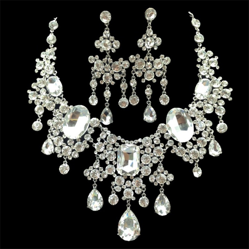 New Bridal Jewelry, Rhinestone, European and American Large Necklace Earrings Set, Wedding Dress Accessories