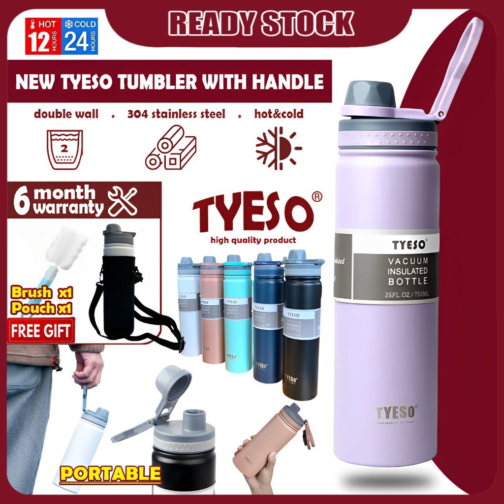 Tyeso Tumbler With Handle Buy 1 Free 2 Gifts 530ml/750ml Double Layer Insulated Flask Thermos Water Bottle Botol Air 保温瓶