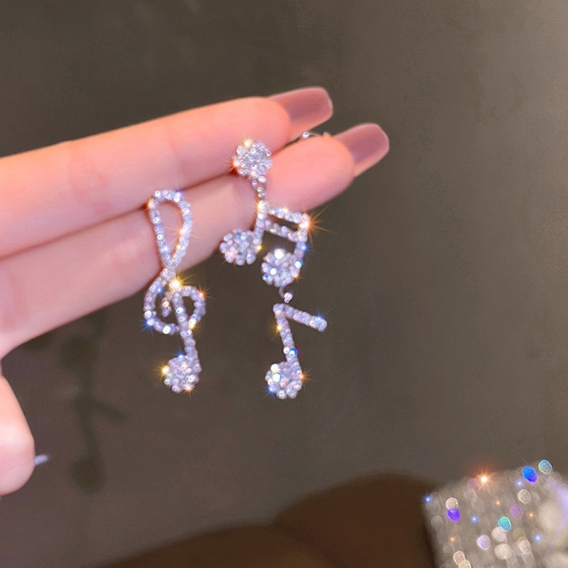 925 Silver Needles Exquisite Crystal Musical Note Earrings for Women Girl Ins New 2023