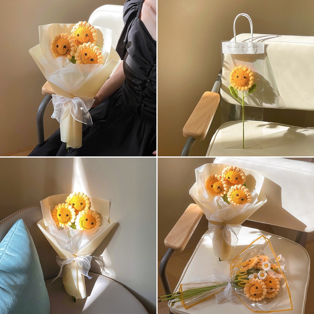 Sunflower Crochet Flower Finished Hand Woven Artificial Flowers Diy Flower Bouquet Material 毕业季礼物 太阳花花束搭配