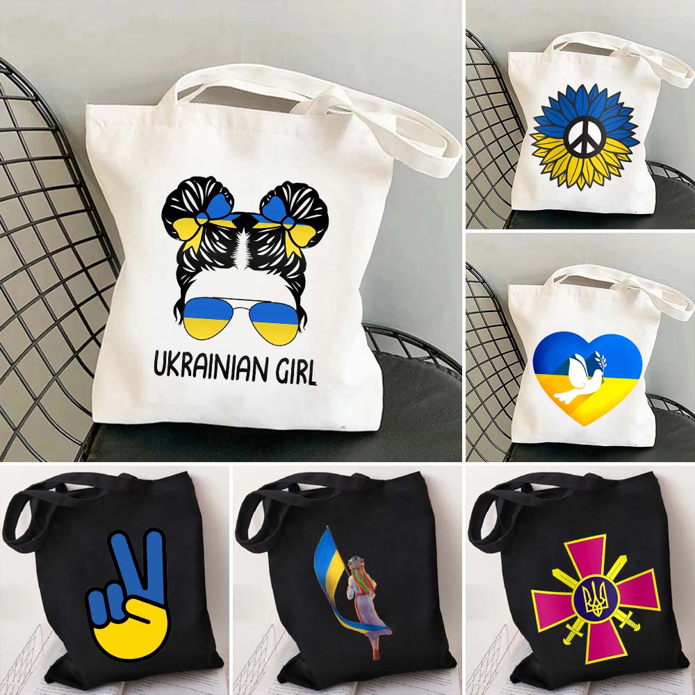 Sunflower Roses Ukrainian Girl Stamp Peace Ukraine Flag Map Men Women Shoulder Shopper Cotton Canvas Totes Bag Shopping Handbags