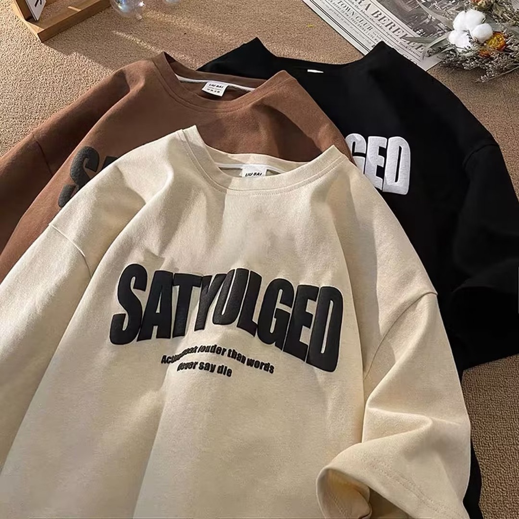 【Plus Size M-8XL】Vintage American Short Sleeved Men Summer Cotton Pullover Oversize Short Sleeve Plus Size Letter STA Print T-shirts Oversized Half Sleeves Youth Tees