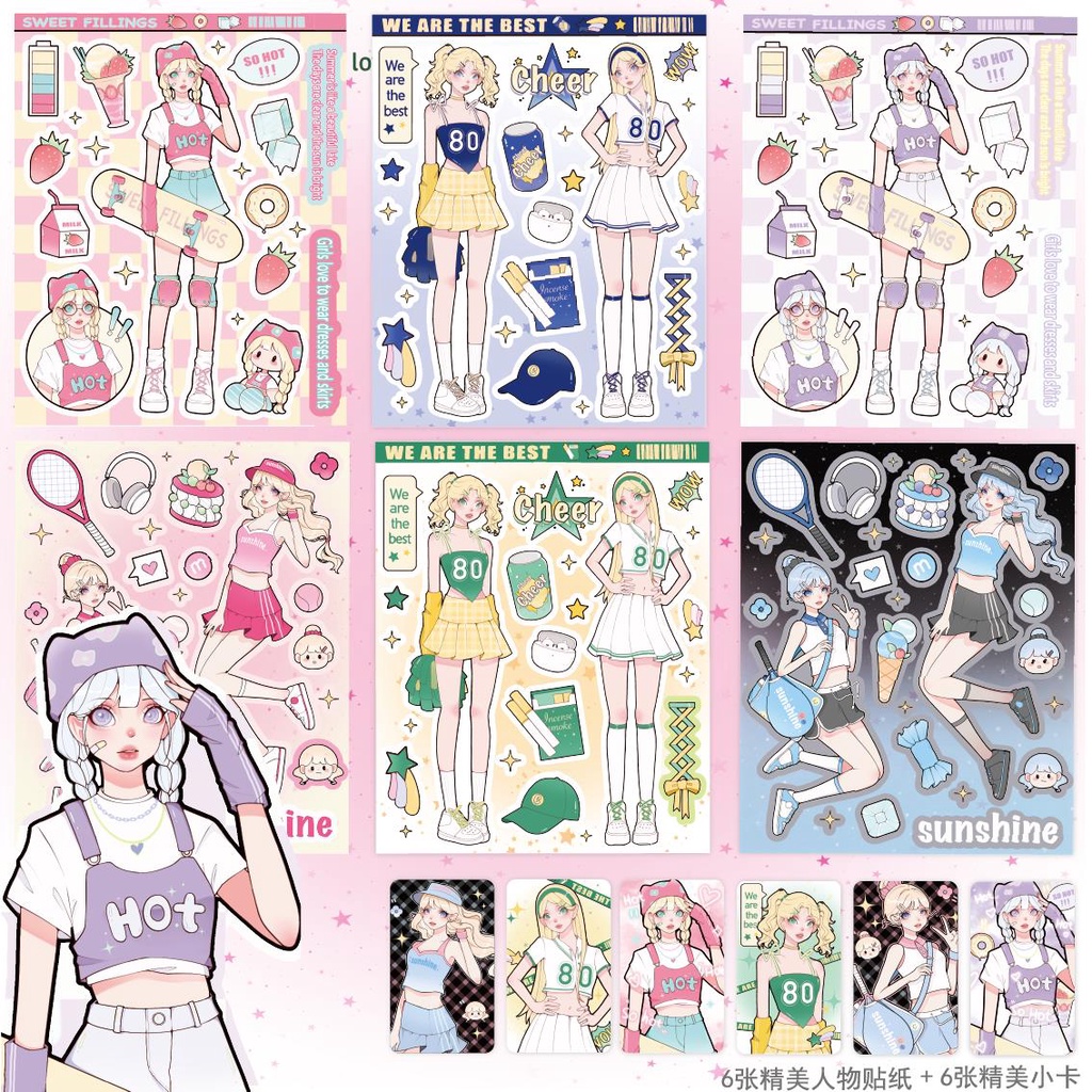 Six Pieces of Adolescent Girl Haili Tianya Culture Original Sweet Cool Char六张入少女海莉甜亚文化原创甜酷人物咕卡贴纸咕本手账手机壳贴纸tz 0322