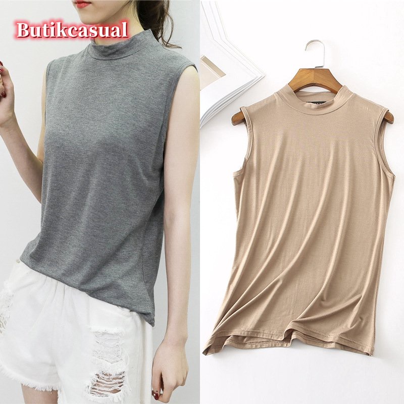 Ready Stock women modal tops Sleeveless Turtle neck t shirt Summer Wear Bottoming Shirt Elastic Women's tank top