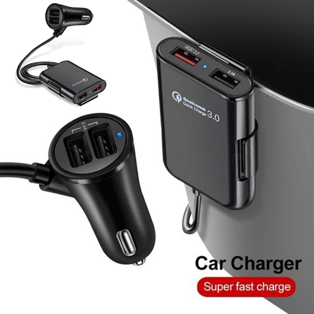 Front Rear Car Charger Adapter USB Pengecas kereta 36W QC3.0 Fast Charging Car 8A Phone Cable 1.7M Extention Splitter