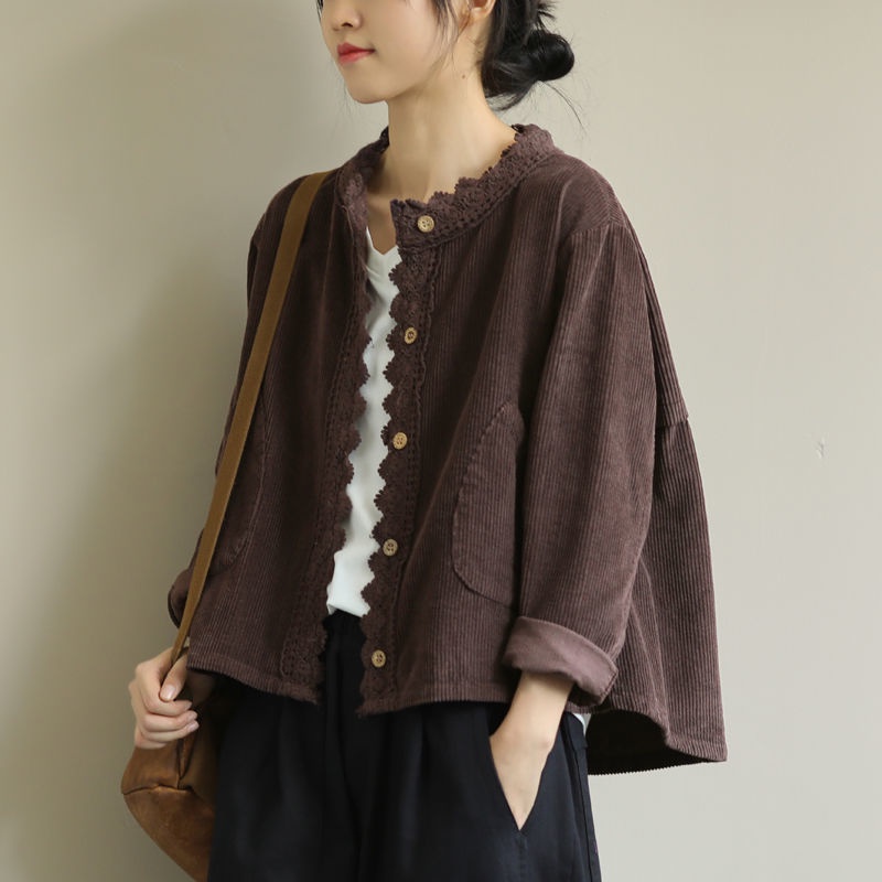 Have Durable Women New Style Classic Simple Large Size Corduroy Long-Sleeved Jacket Loose Lace Trim Design Quality - Image 5