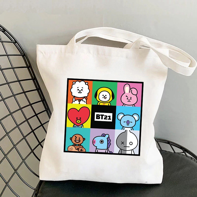 [In Stock] K-Pop Bt21 BTS Cartoon Merchandise Printed Canvas Bag Folding Bag Shoulder Bag Fashion Tote Bag Shopping Bag