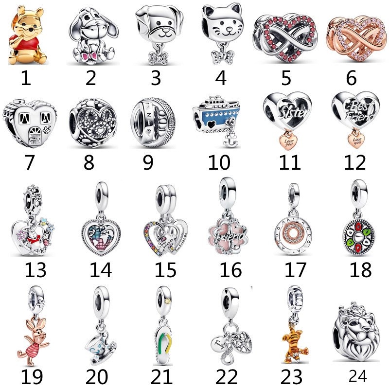 Pandora925 Silver original Magical Cup of Tea Puzzle Piece Hearts Splittable Friendship Family Spinning Heart Globe Dangle Charm Winnie the Pooh Tigger Charm Pet Dog & Bone Cat & B