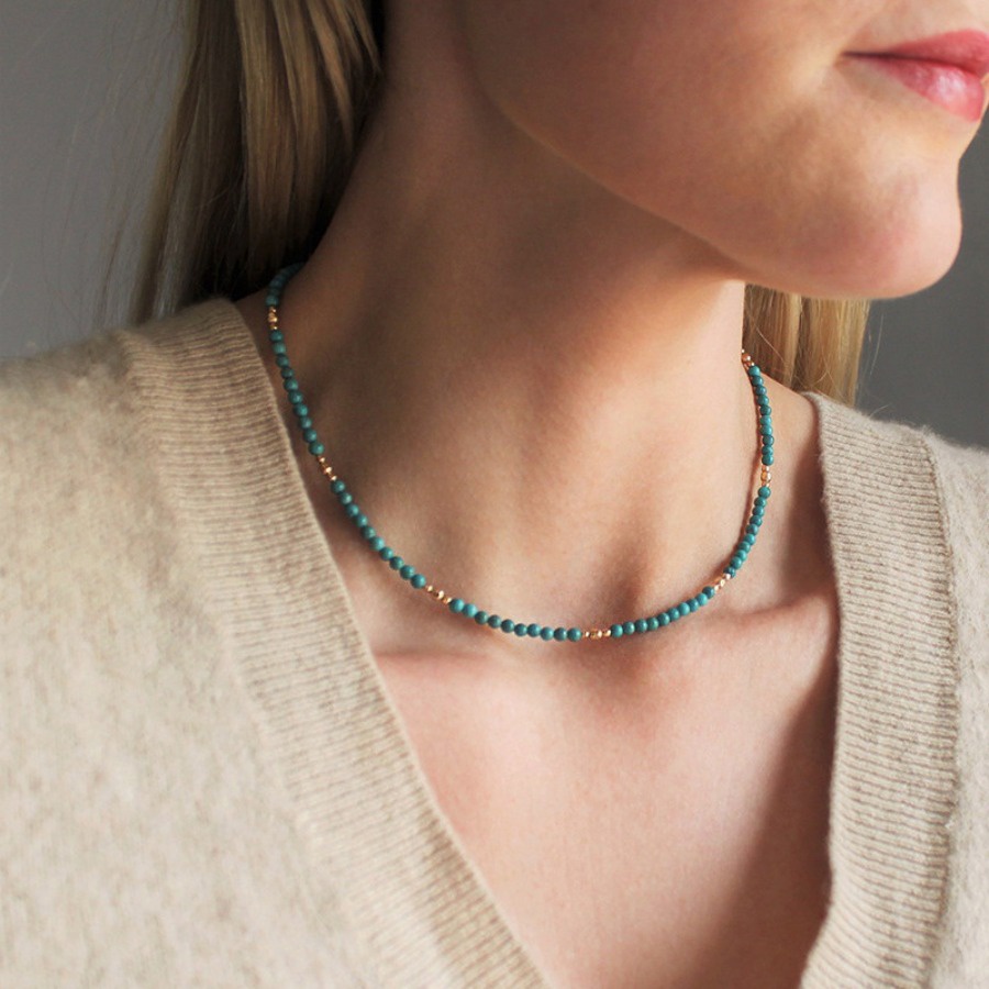 Natural Turquoise Beaded Necklace Clavicle Chain ins Style Art Turquoise All-Match European American Niche Design Trend