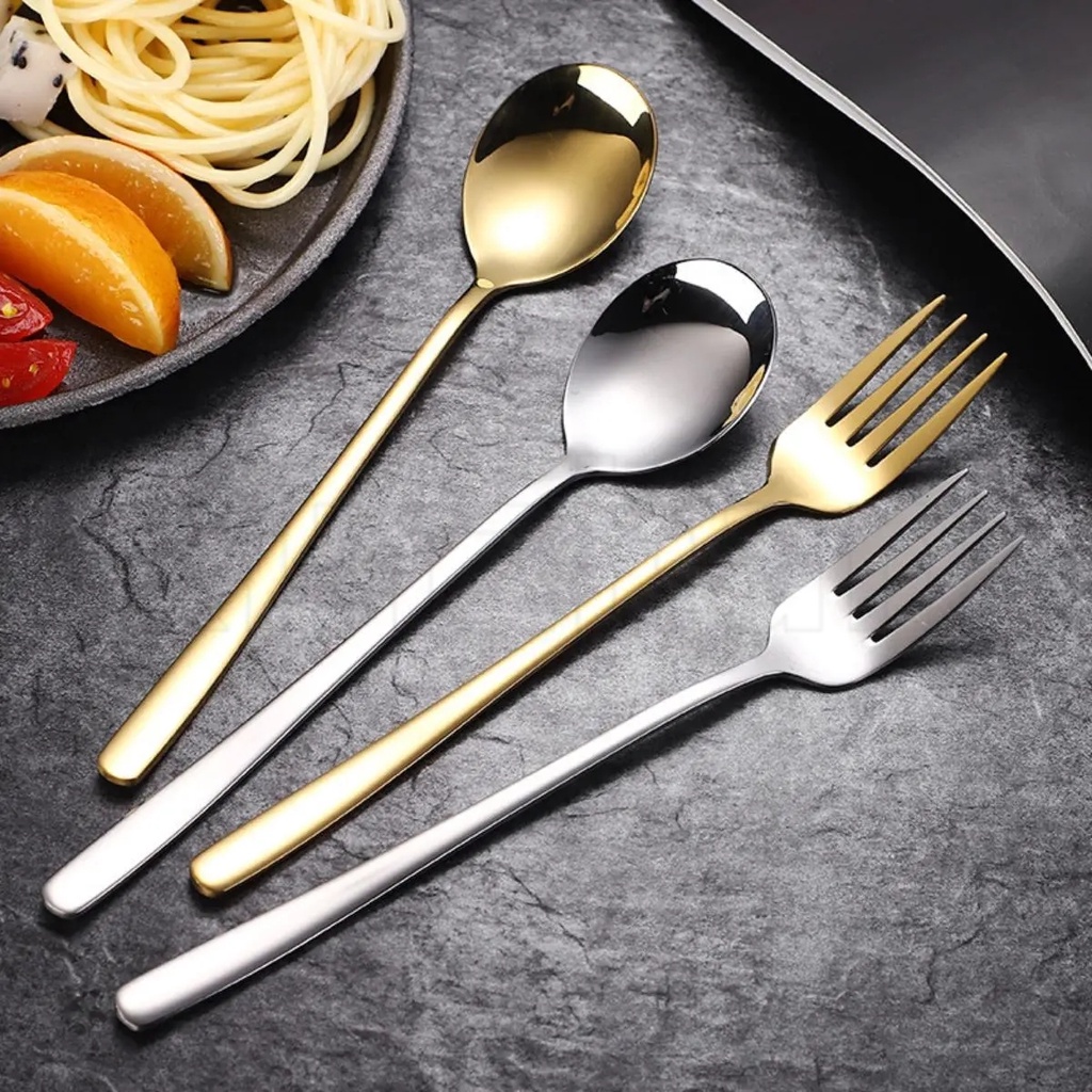 Stainless Steel Flatware Forks Spoons / Dessert Ice Cream Spoon / Home Kitchen Dinner Supplies / Restaurant Table Utensils / Gold Silver Plated Metal Cutlery Set