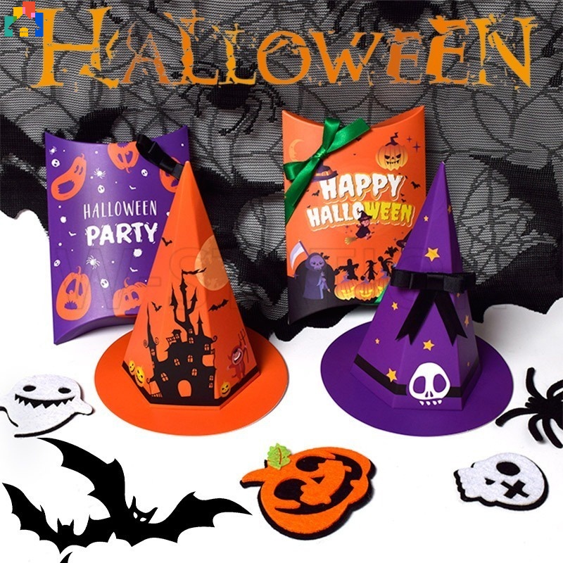 Creative Funny Halloween Cartoon Witch Hat Candy Cookies Gift Paper Bag Colored Lovely Wizard Cap Snack Packaging Box Trick Or Treat Party Decorative Supplies