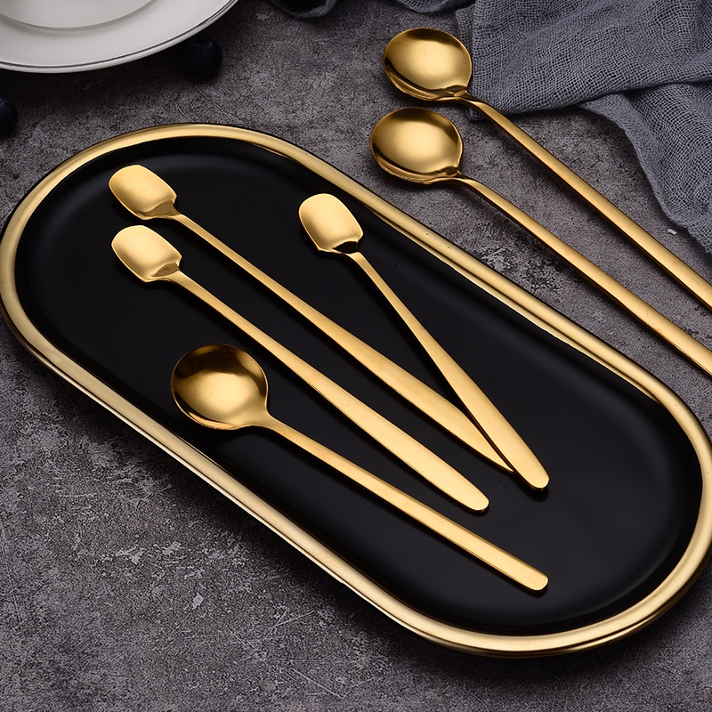 Round Head Spoon Gold Coffee Spoon Stirred Western Food Stainless Steel Dessert Long Handle Square Head Ice Spoon Gift