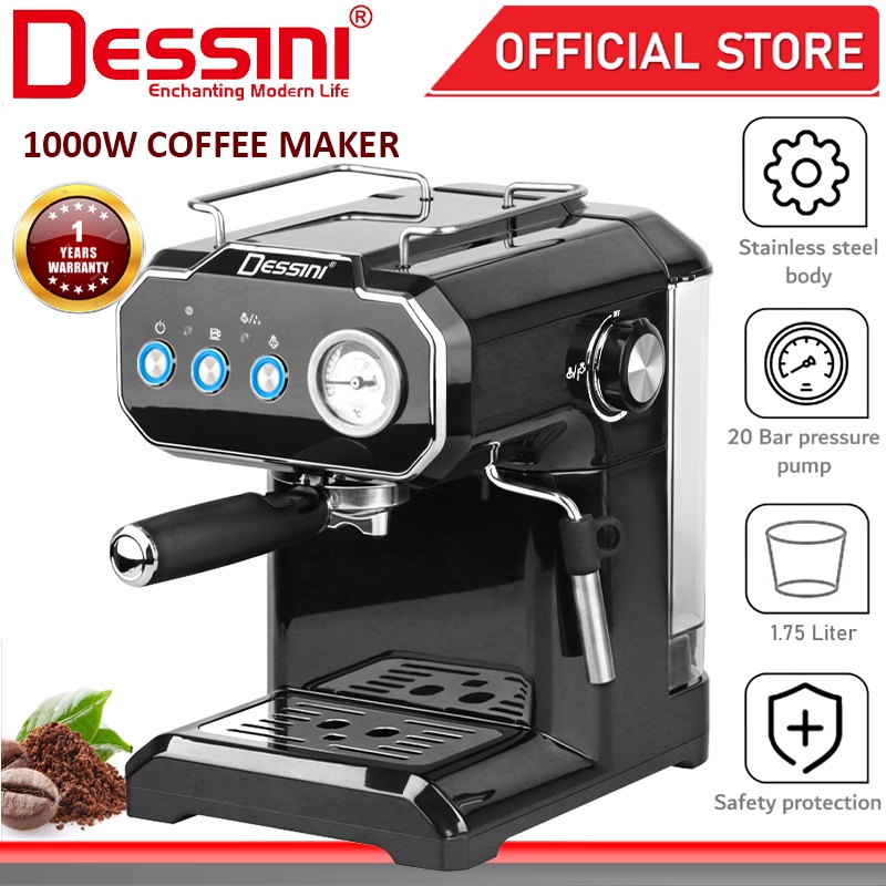 DESSINI ITALY 20 Bar 1.75L Espresso Coffee Maker Brew Froth Cappuccino Latte Machine Milk Frothing Bubble Steamer