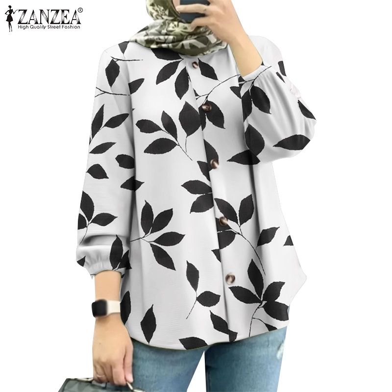 ZANZEA Women Muslim Fashion Puff Sleeves Long Sleeves Round Neck Leaf Printed Shirts