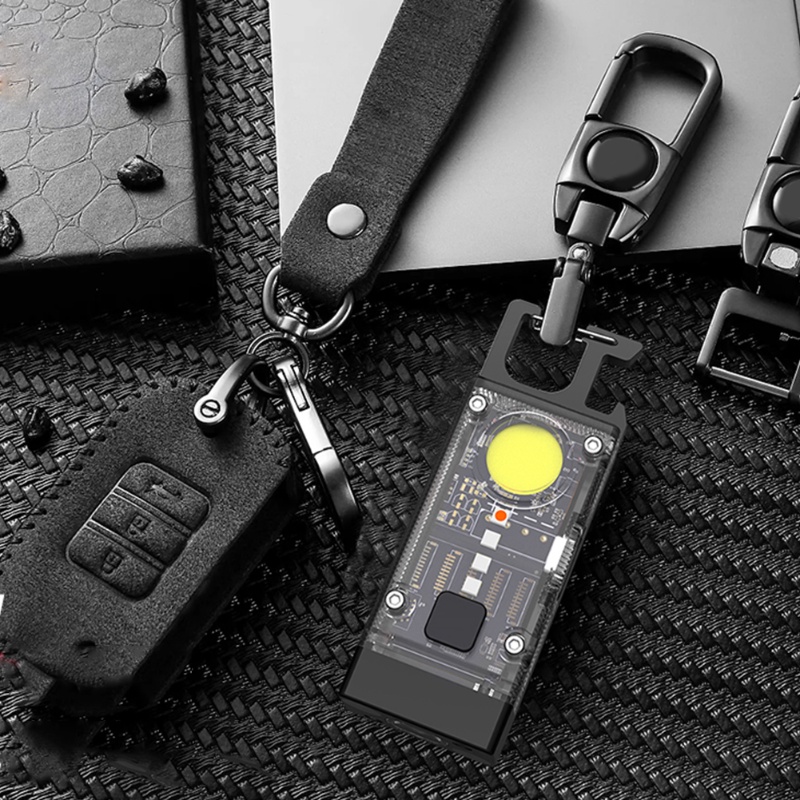 LED COB Keychain Light 500LM Solar Type-C USB Rechargeable Portable Flashlight 500mAh IPX4 Waterproof for Power Outage Emergency