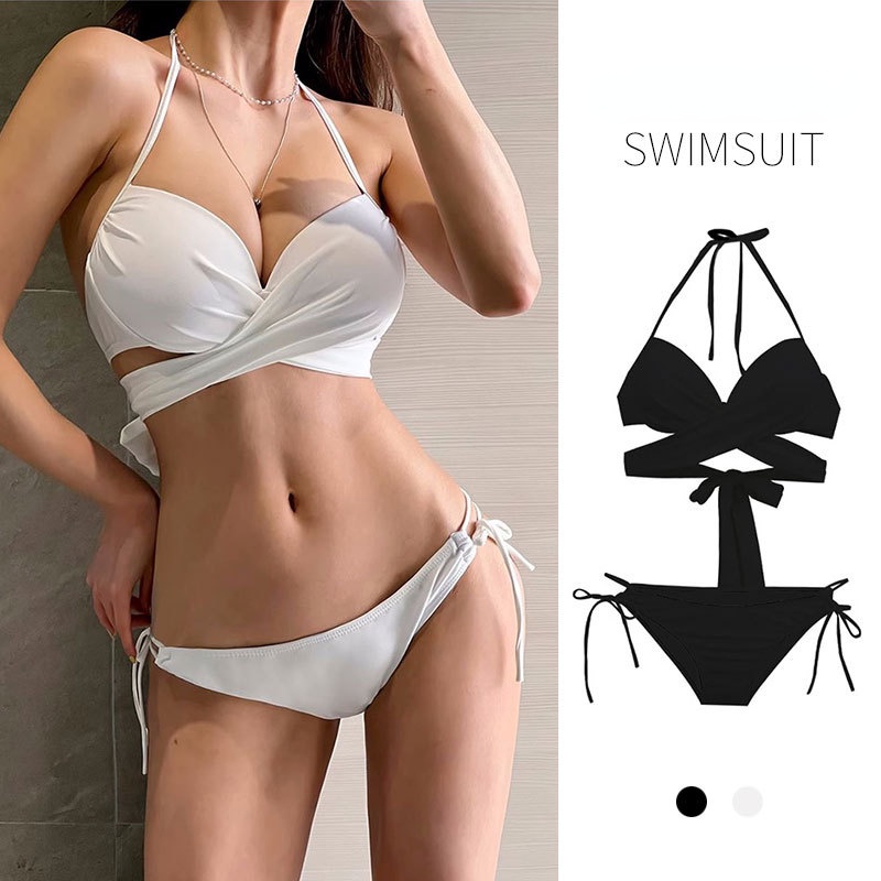 Women's Bikini Set White Sexy Triangular Steel Holder Hard Cup Backless