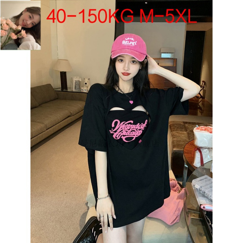 sodamilk&现货【M-5XL 40-150KG Kakak gemuk Korea 】超加肥大码女装辣妹宽松上衣胖mm2-300斤镂空爱心短袖显瘦t恤半袖 plus size oversize fat big size top T-shirt