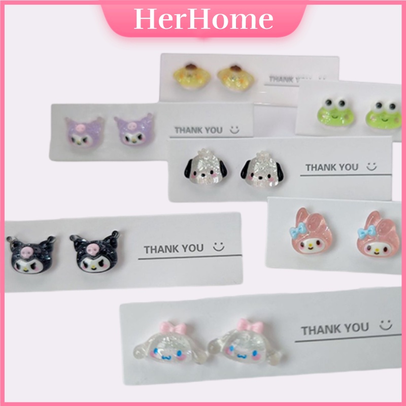 Sanrio Earring 925 Silver Transparent Fine Shining Japanese Cartoon Cute Kuromi Cinnamoroll Melody Pochacco for Student H0283