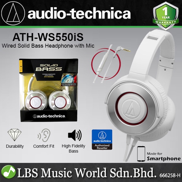 Audio-Technica ATH-WS550iS WH White Solid Bass Over Ear Headphones with in-line Mic (WS550iS)
