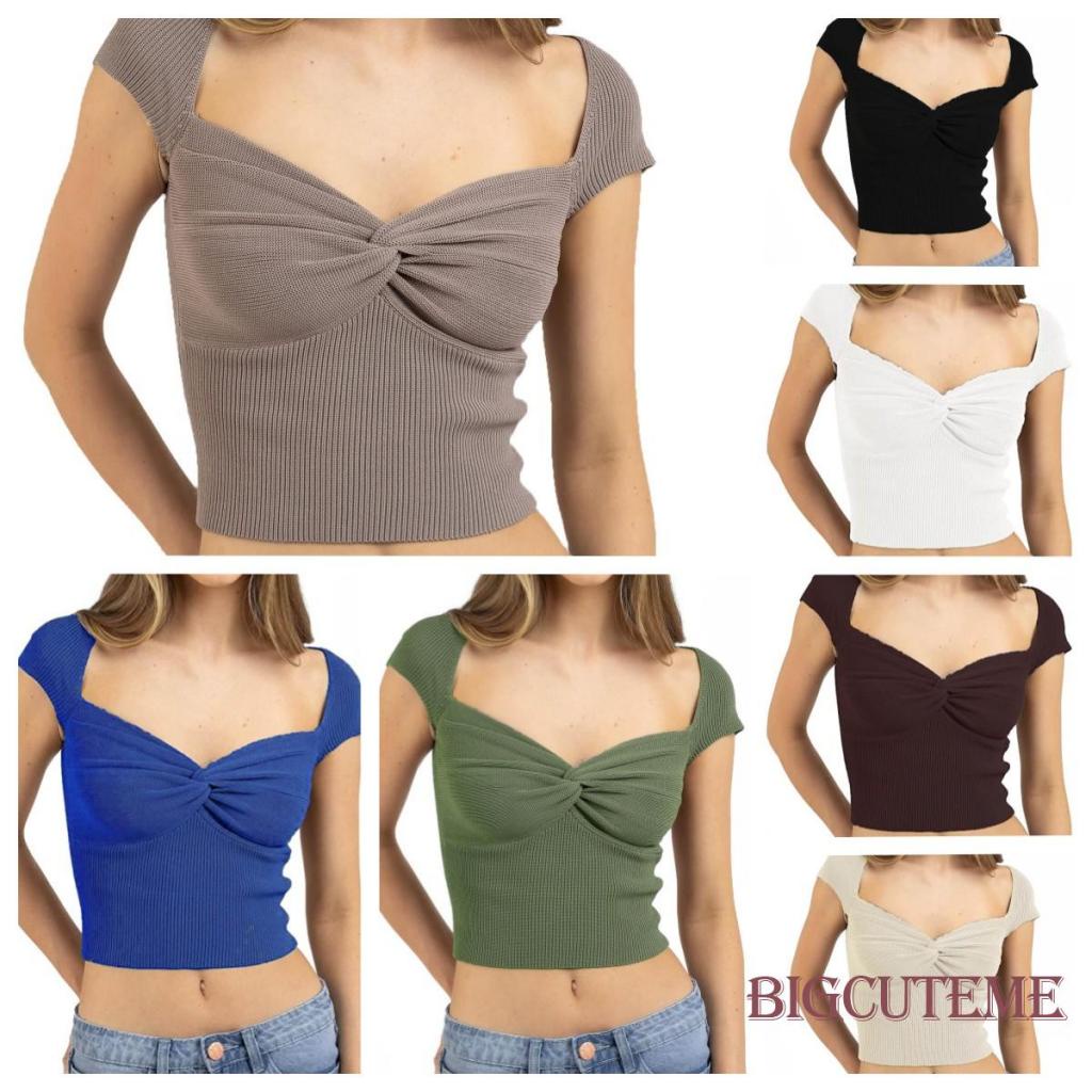 []-Women´s Knit Cop Tops, Short Sleeve Sweetheart Neck Solid Color Twist Front T-Shirts