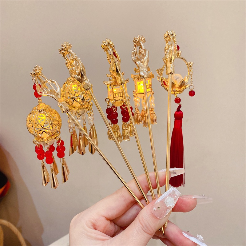 New Chinese Lantern Luminous Tassel Hairpin Coiled Hair Antique Daily Hanfu Accessories