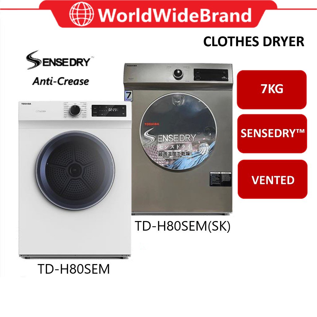 [SILVER] Toshiba 7KG SENSEDRY™ Tumble Dryer / Dryer Machine / Clothes Dryer TD-H80SEM (10 Years Motor Warranty)