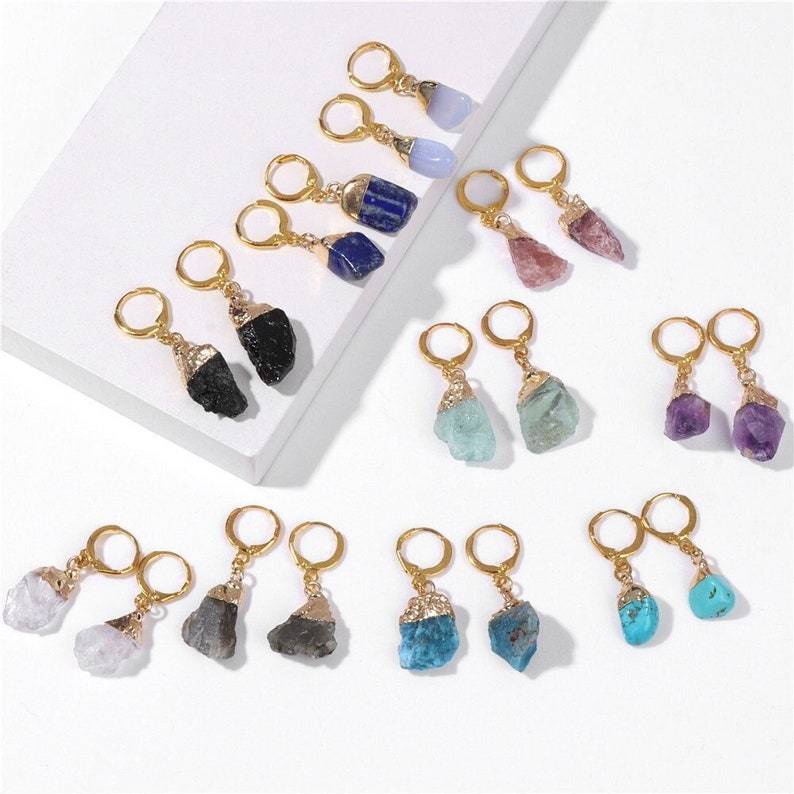 Irregular Natural Gemstone Earrings Turquoise Amethyst Green Fluorite Crystal Amethysts For Women Girl Jewerly Earring不规则天然宝石原矿石耳环