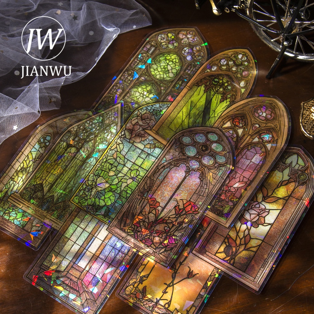 JIANWU 10 Sheets Glazed Window Series Vintage Flower Window Bronzing PET Sticker Creative DIY Journal Collage Decor Stationery