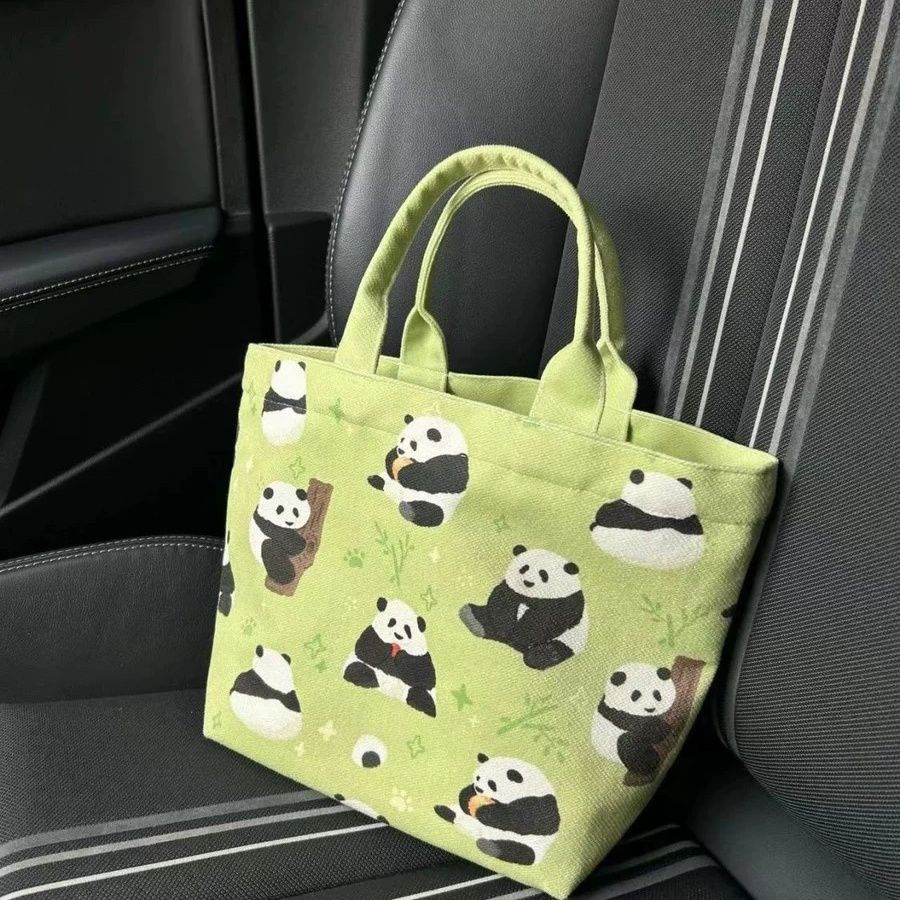 New Cartoon National Treasure Panda Canvas Bag Student Class Hand-Carrying Lunch Bag Outing Mommy Bag Working Handbag Panda Merchandise Cultural Creative Huahua Cute Orchid Fubao Qizai Guolai