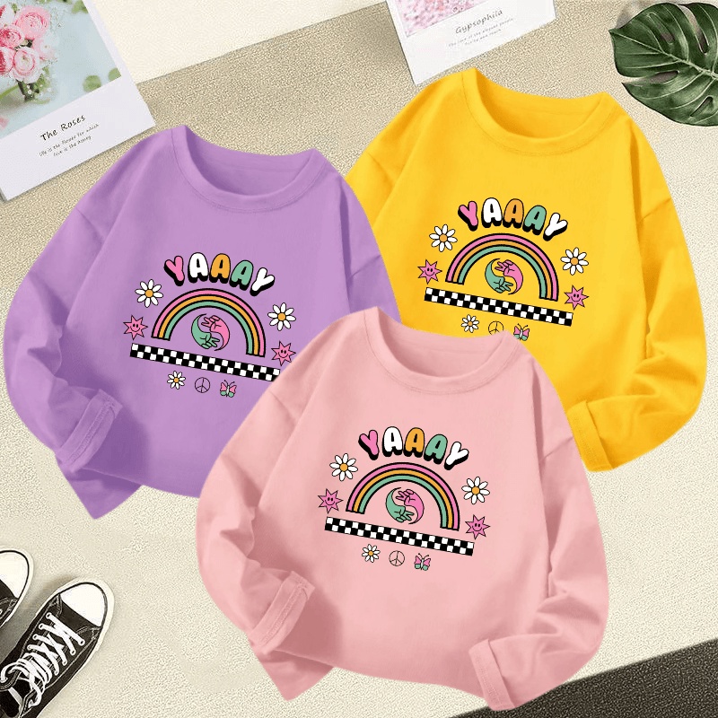 3-12Y Korean version cute rainbow printed boys and girls long sleeved T-shirt large size soft round neck children's top solid color versatile kids tshirt