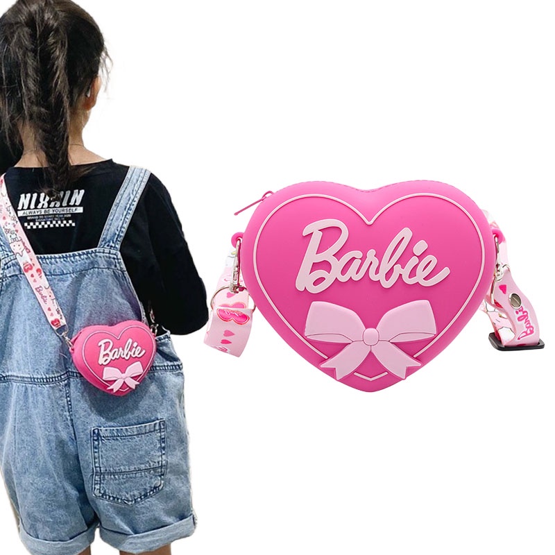Kawaii Barbie Coin Purse Pink Heart Shape Silicone Wallet Bags Accessories Shoulder Strap Kids Girls Toys for Children Gift