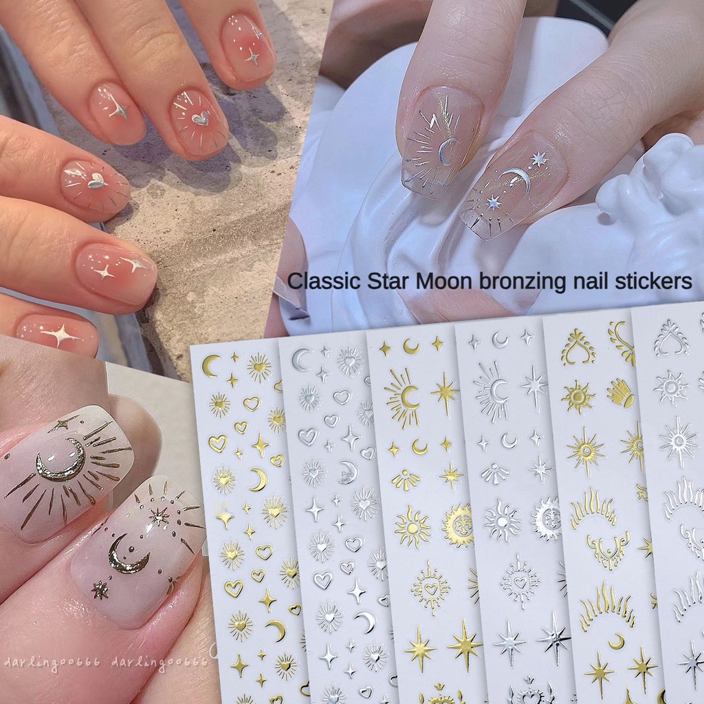 Hollow-out Classic Star Moon Foil Stamping Nail Art Sticker / Metallic Silver Liquid Love Moon Four-Pointed Star Nail Sticker / Boho Style Nail Art Stickers