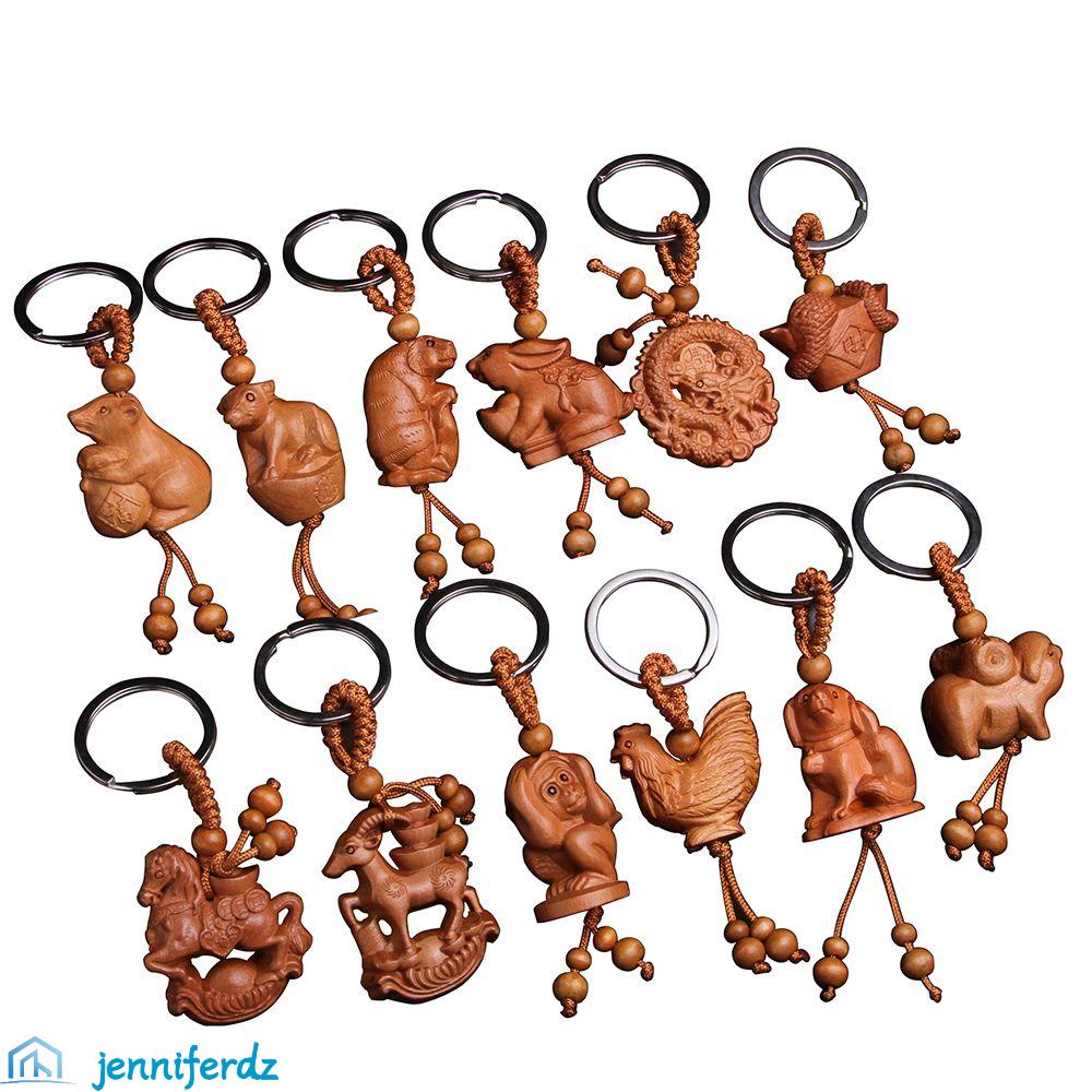 JENNIFERDZ Creative Chinese 12 Zodiac Snake Mahogany Keychain Animal Horse Lucky Ethnic Dragon Fengshui Engraving Wood Keyring