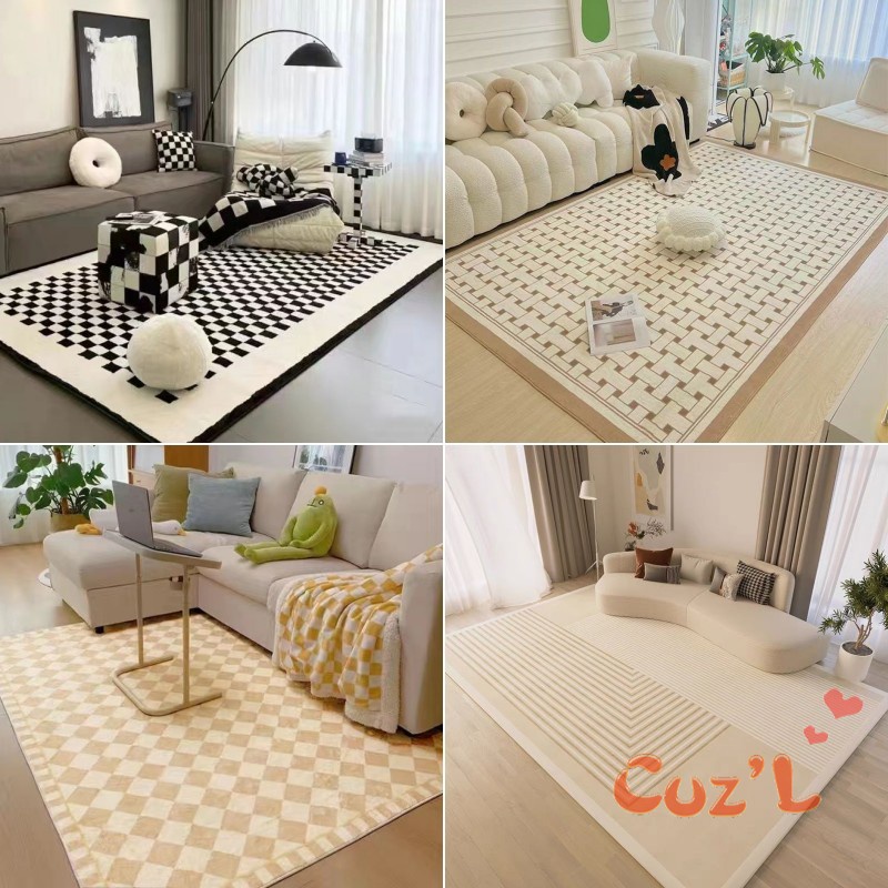 French Senior Sense Sofa Carpet Living Room Non-slip Floor Mat Nordic Light Luxury Crystal Velvet Large Area Full Carpet Bedroom Modern Simple Checkerboard Ins Rug