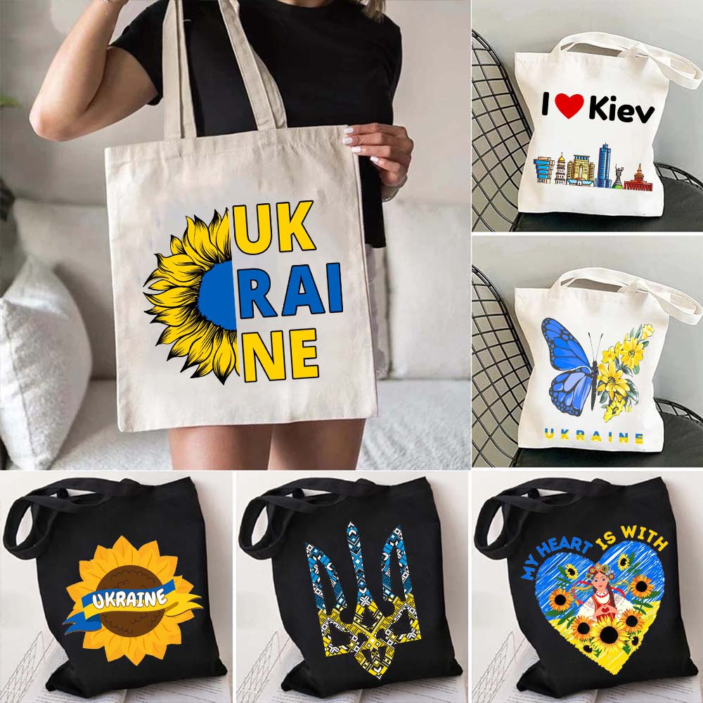 Kiev Love Heart Peace Sunflower Coat of arms Ukraine Flag Ukrainian Tryzub Shopper Harajuku Totes Shopping Bag Shoulder Handbags