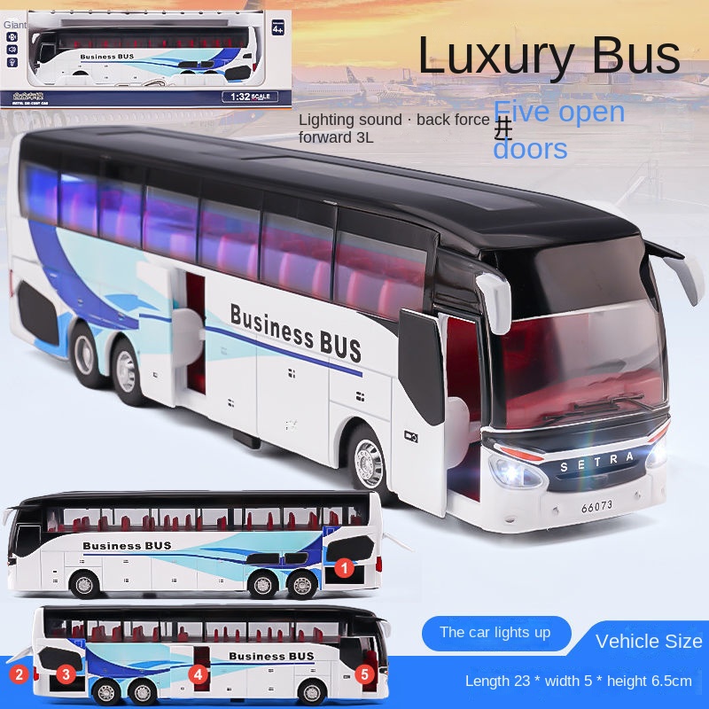 Children's Toy Car 1:32 Business Luxury Alloy Travel Bus Toy Car Sound and Light Power Control Alloy Business Bus Model Children's Toy Car