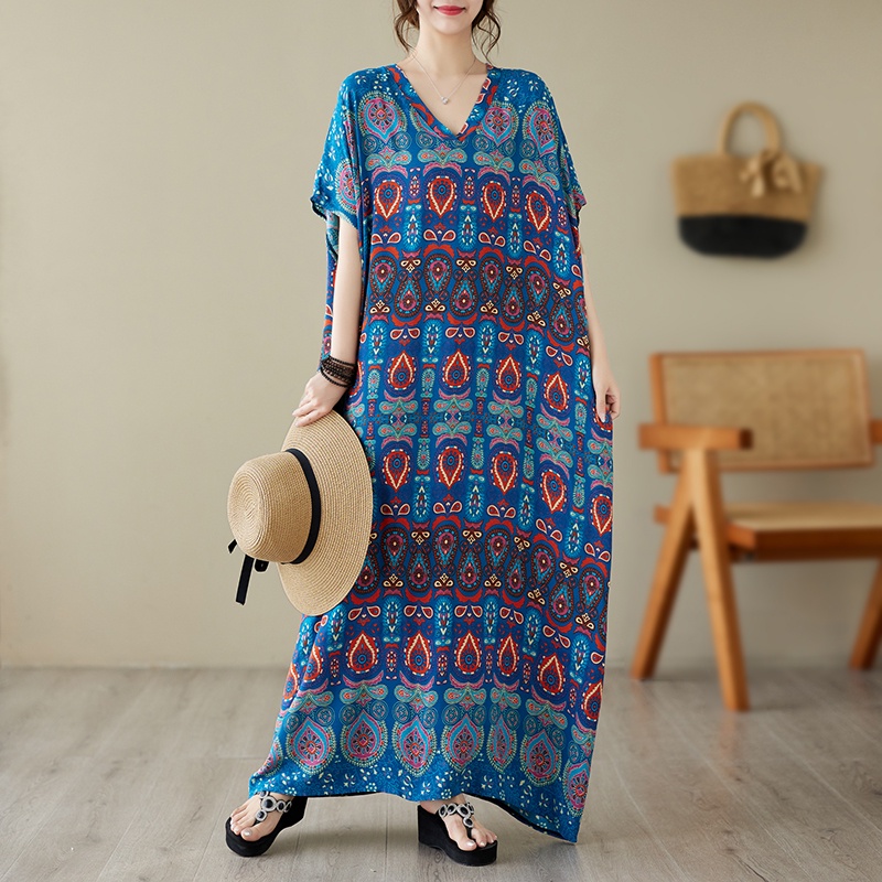 Elegant Baju Kelawar Cotton Silk Women's Kaftan Royal Blue Flower Holiday Style Long Dress