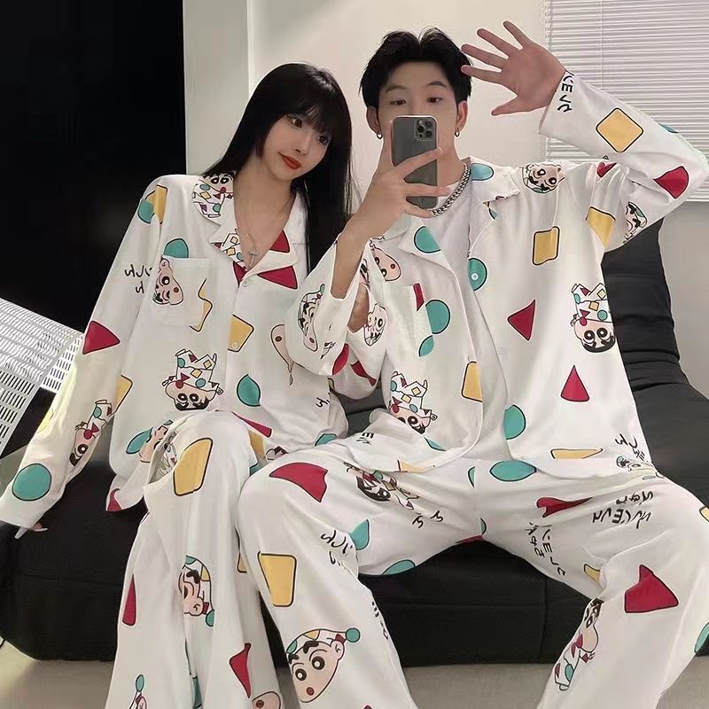 Pyjamas Couple Crayon Shin-chan M-3XL Silk Sleepwear for Lovers Set Woman and Men Cartoon Pajamas Long Sleeve Pijamas 蜡笔小新情侣睡衣