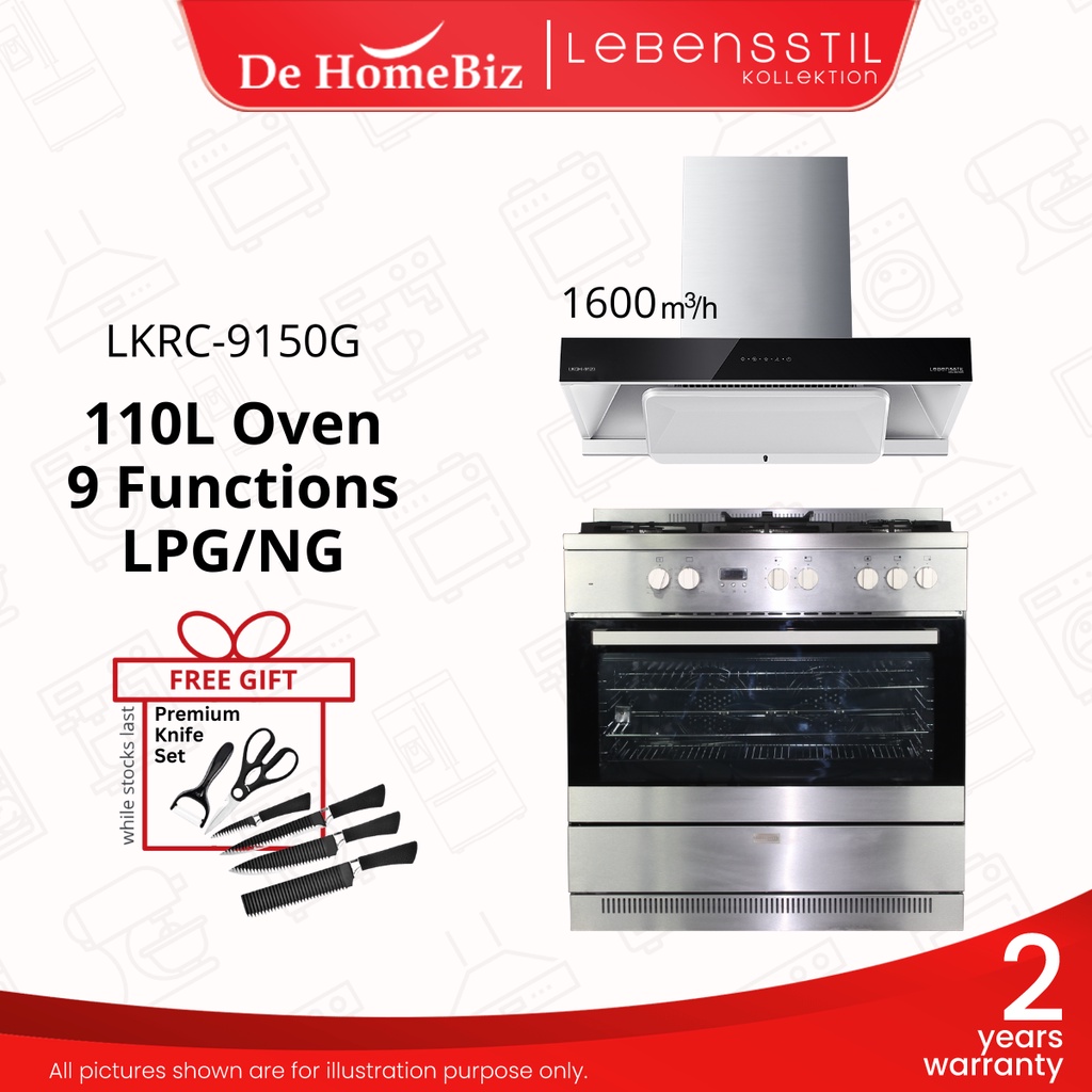 (Bundle Deal) LEBENSSTIL KOLLEKTION LKRC-9150G 5 Gas Burner Range Cooker with Oven 90cm & LKCH-9112 Cooker Hood 1600m3/h