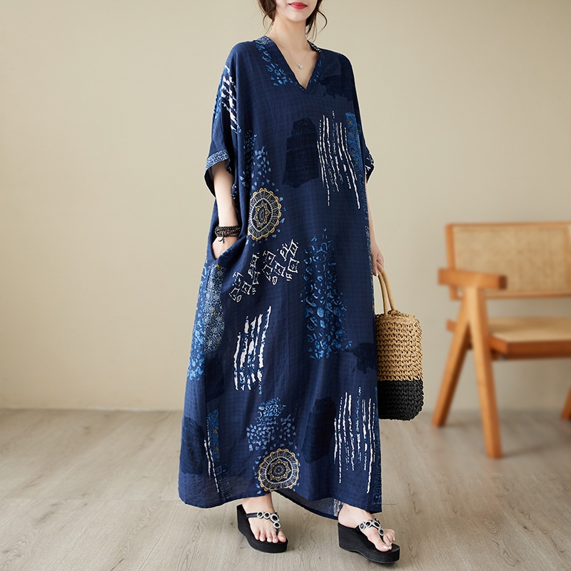 Dark Blue Bat Sleeves Cotton Loose Long Kaftan-Batik Vintage Beach Dress Short Sleeve Maxi Dress