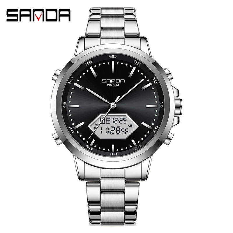SANDA Waterproof Round Men's Fashion Quartz Watch Stainless Steel Strap Outdoor Watch SD3301-15