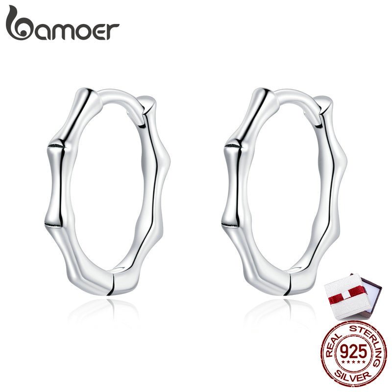 Bamoer 925 Sterling Silver Bamboo Earrings Stud Earrings for Women Men Silver Fashion Hypoallergenic Jewelry SCE988