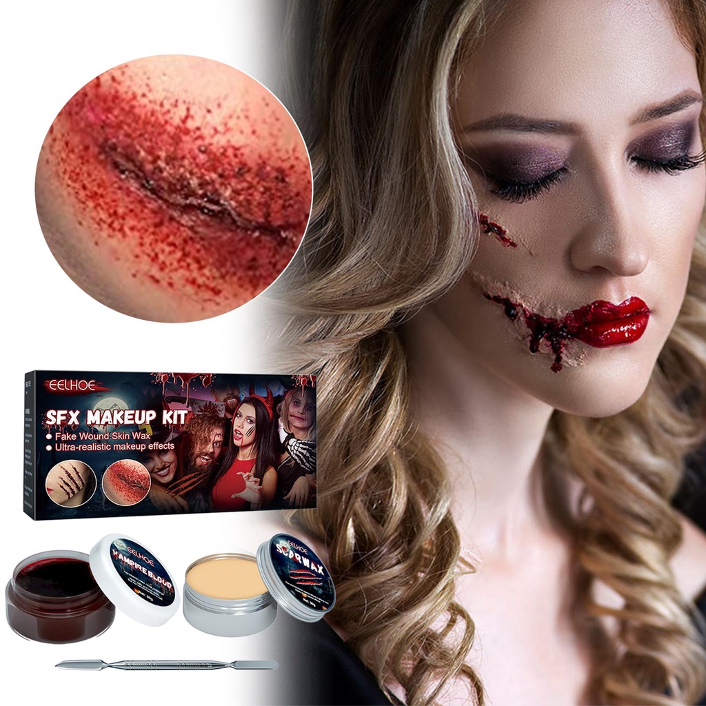 EELHOE Halloween Special Effects Makeup Set Fake Blood Gel Styling Scar Wax Silver Scraper Kit