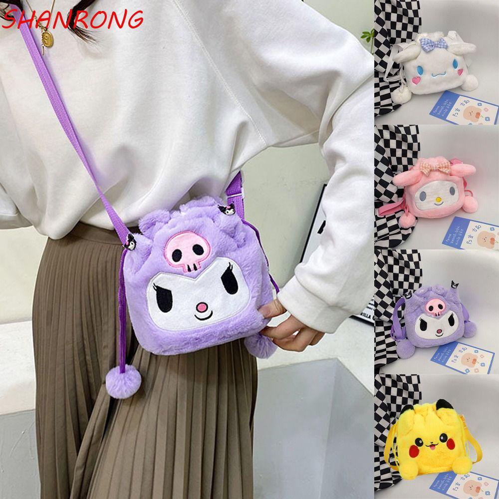 SHANRONG Drawstring Kuromi Crossbody Bag, Cinnamoroll Melody, Cute Plush Pikachu Stuffed Bag Travel