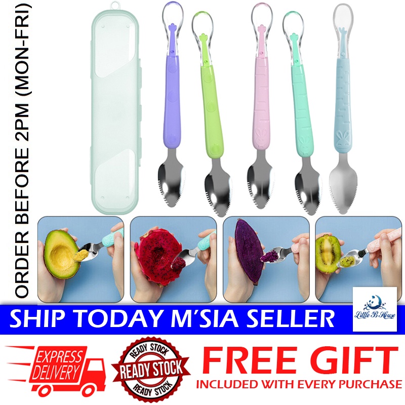 [Little B House] Baby Fruit Masher Spoon Scraper Dessert Supplementary Food Feeder Toddler Utensil 水果刮泥勺 Sudu Bayi -TW23