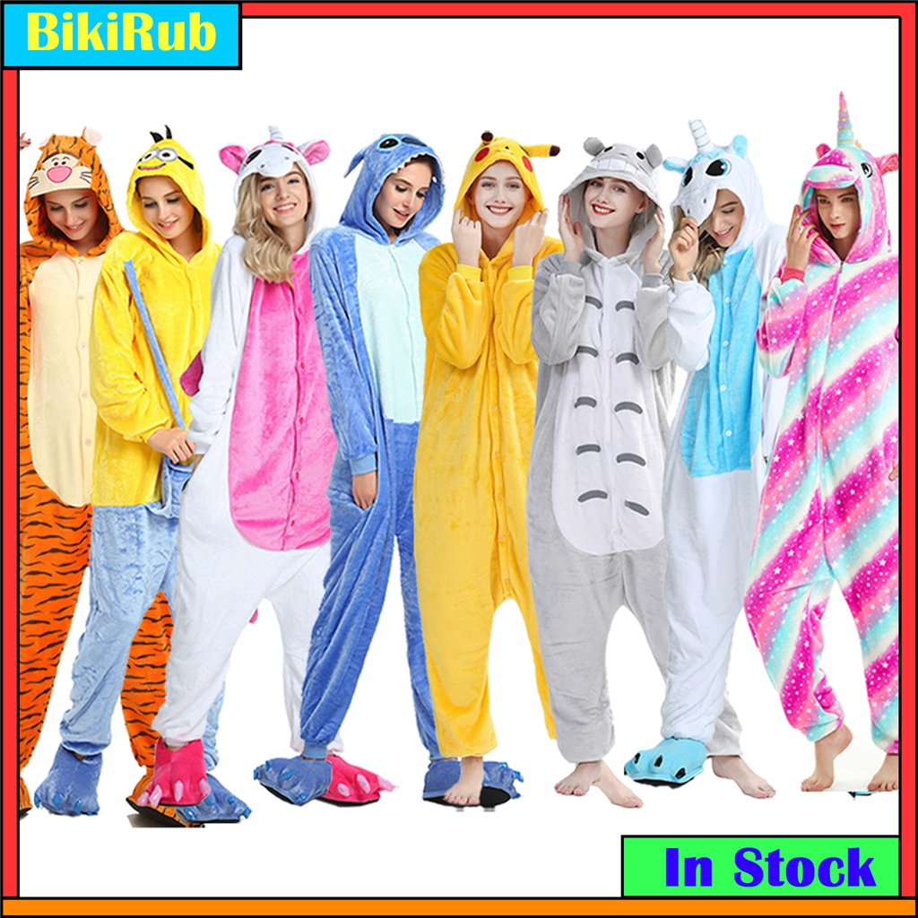 Kigurumi Adults Cartoon Pikachu Stitch Panda Unicorn Totoro Onesies Women Men Flannel Long Sleeve Pajamas