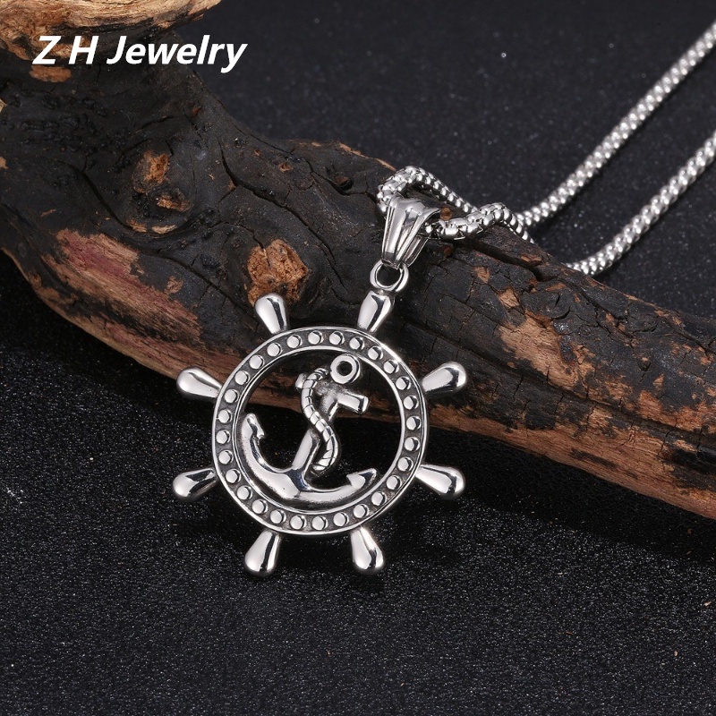 [Z H Jewelry] Vintage Hip-hop Caribbean Pirate Rope Anchor Rudder Pendant Men's and Women's Fashion Stainless Steel Necklace Punk Party Rock Jewelry Accessories