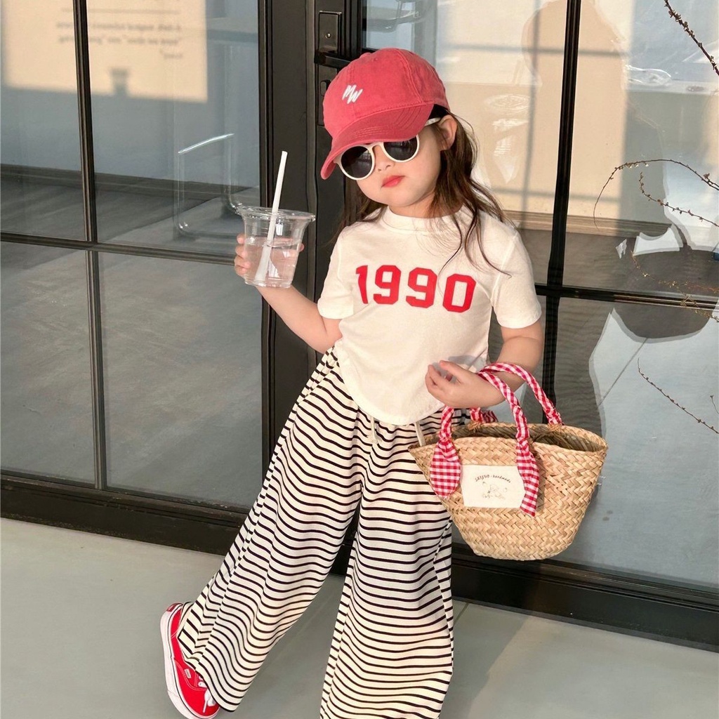 Ready Stock Hot Sale New Style Japanese Korean Girls Korean Version Fashion Suit 2023 Summer Girls American Short-Sleeved Striped Wide-Leg Pants Casual Influencer Tren