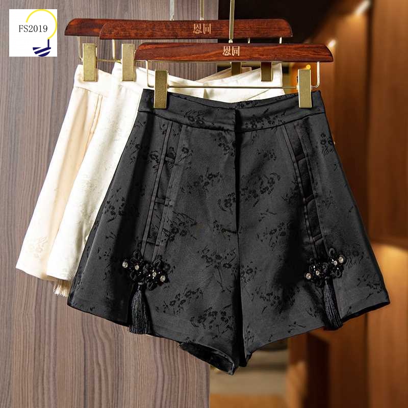 2023 Vintage Plate Button Tassel Unique Slim Wide Leg Pants New Chinese Acetic Acetate Jacquard Women's Shorts